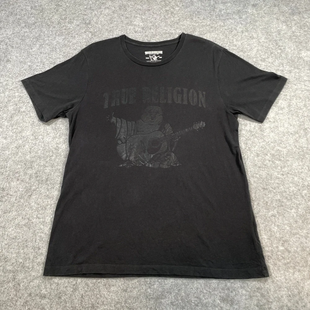 True Religion Mens T-Shirt L Black Graphic Buddha Guitar World Tour Tee